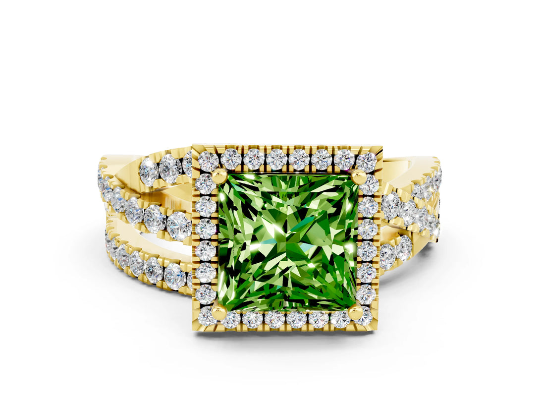 Yellow gold Princess Cut Peridot Halo Ring with Round Split Shank and Prong Setting_48