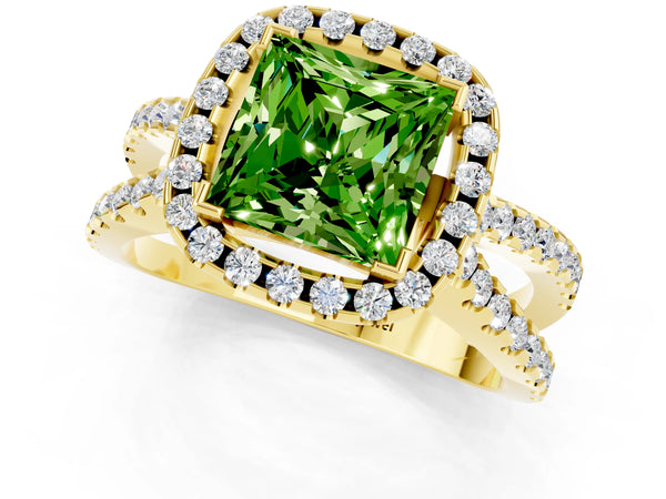 Yellow gold Princess Cut Peridot Halo Ring with Split Shank Pavé Band and Prong Setting