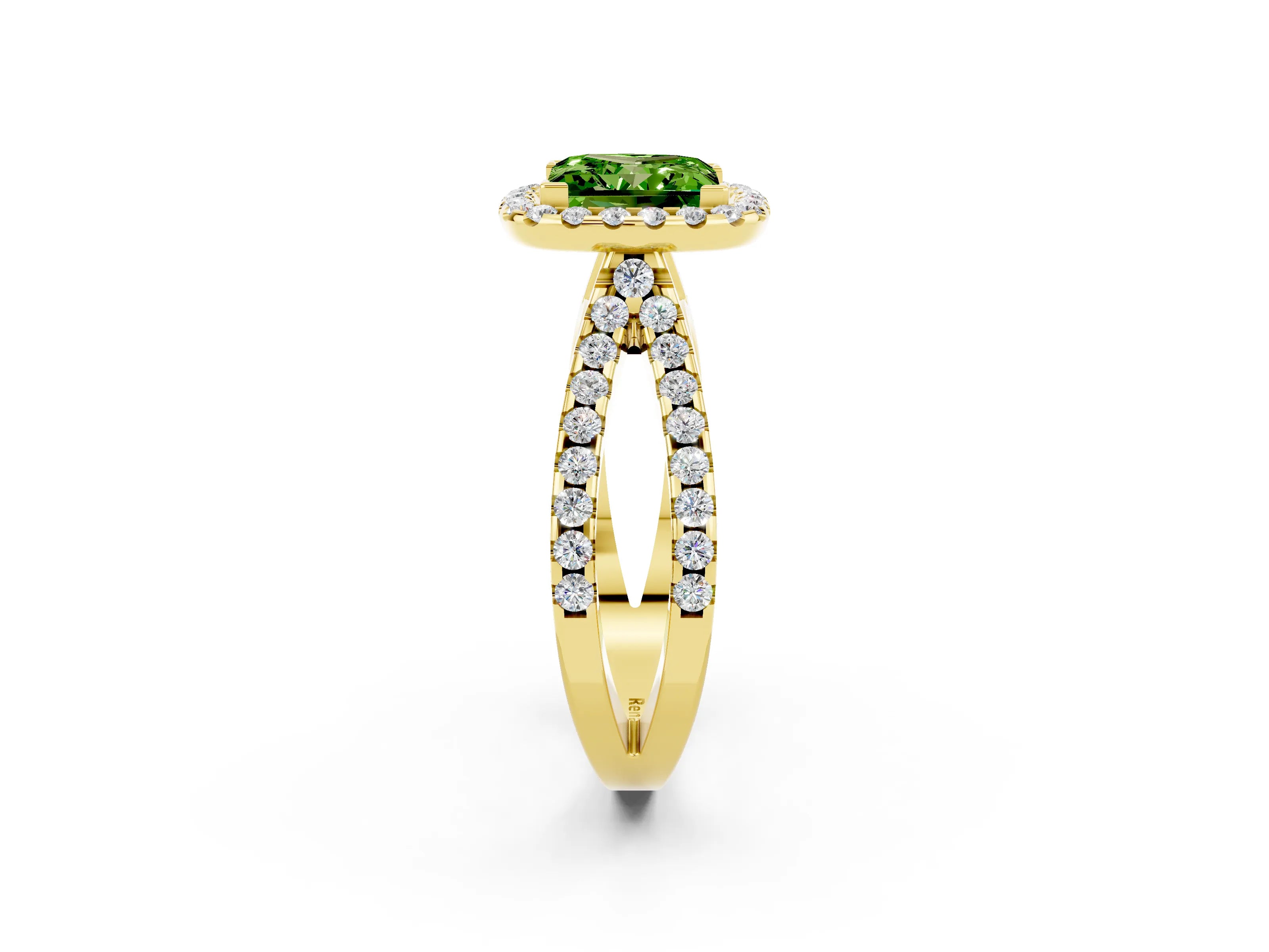 Yellow gold Princess Cut Peridot Halo Ring with Split Shank Pavé Band and Prong Setting_2