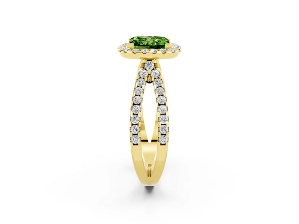 Yellow gold Princess Cut Peridot Halo Ring with Split Shank Pavé Band and Prong Setting
