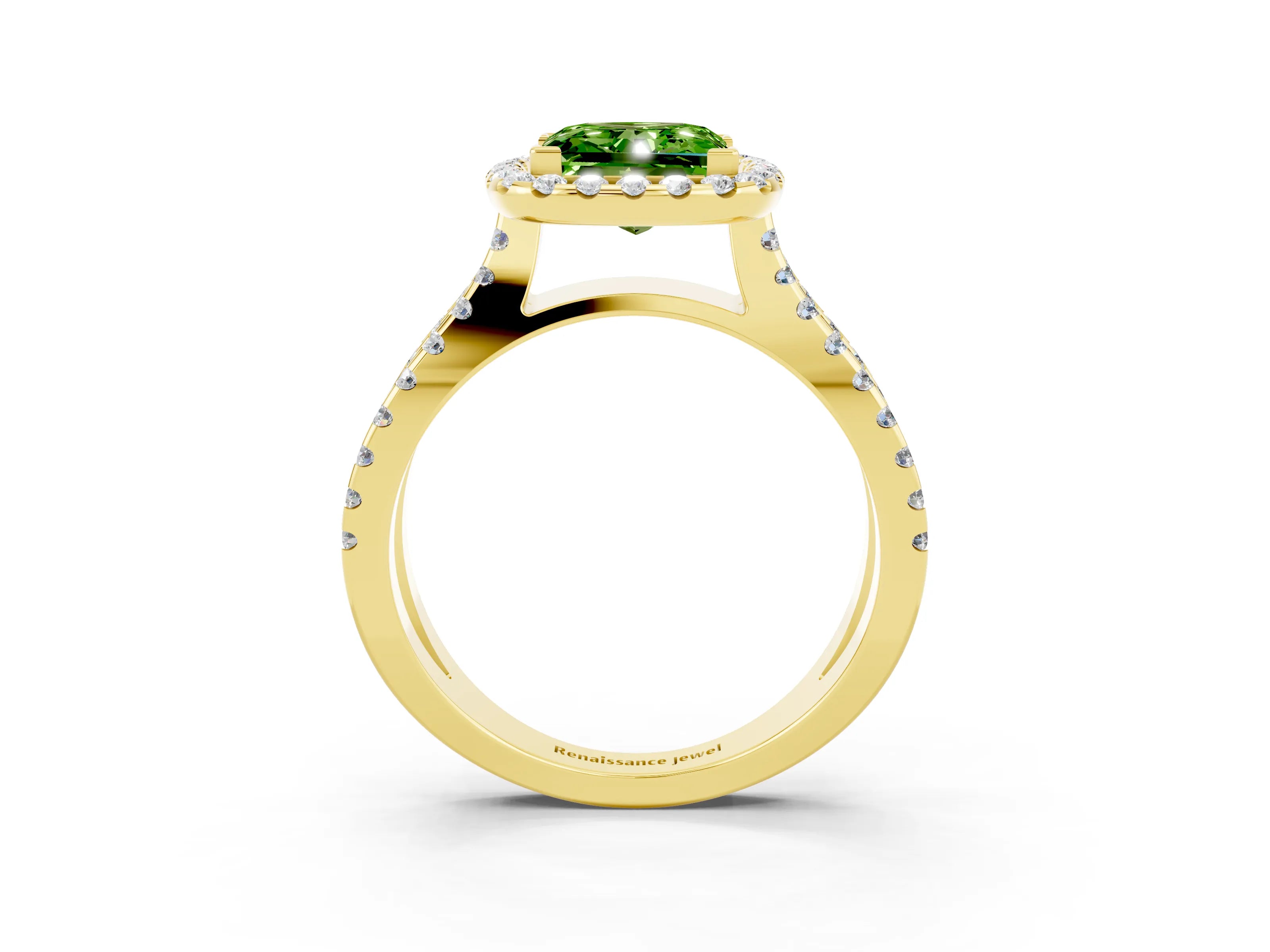 Yellow gold Princess Cut Peridot Halo Ring with Split Shank Pavé Band and Prong Setting_3