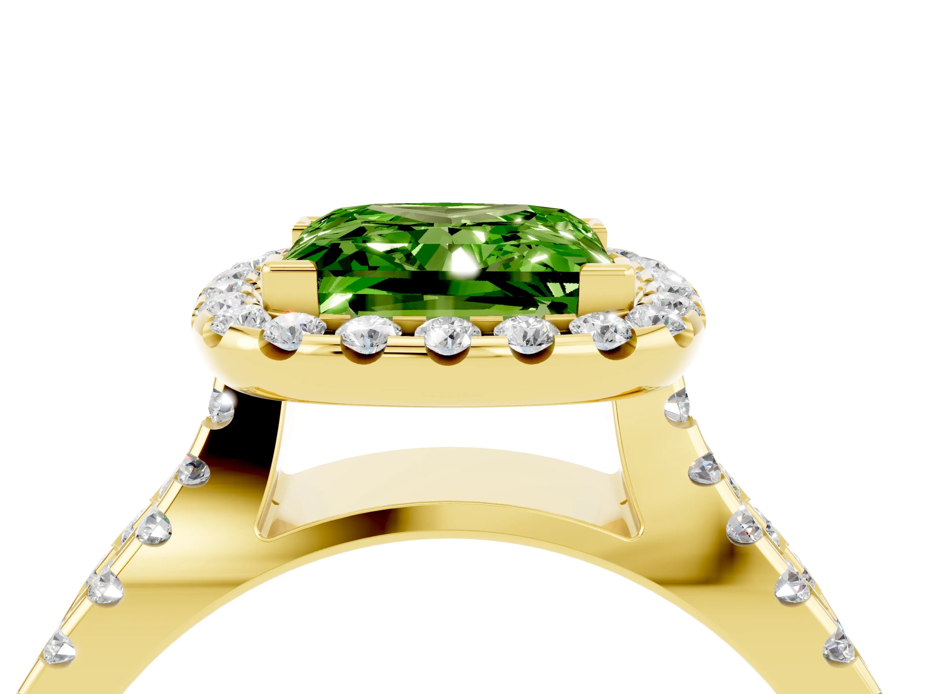Yellow gold Princess Cut Peridot Halo Ring with Split Shank Pavé Band and Prong Setting_4