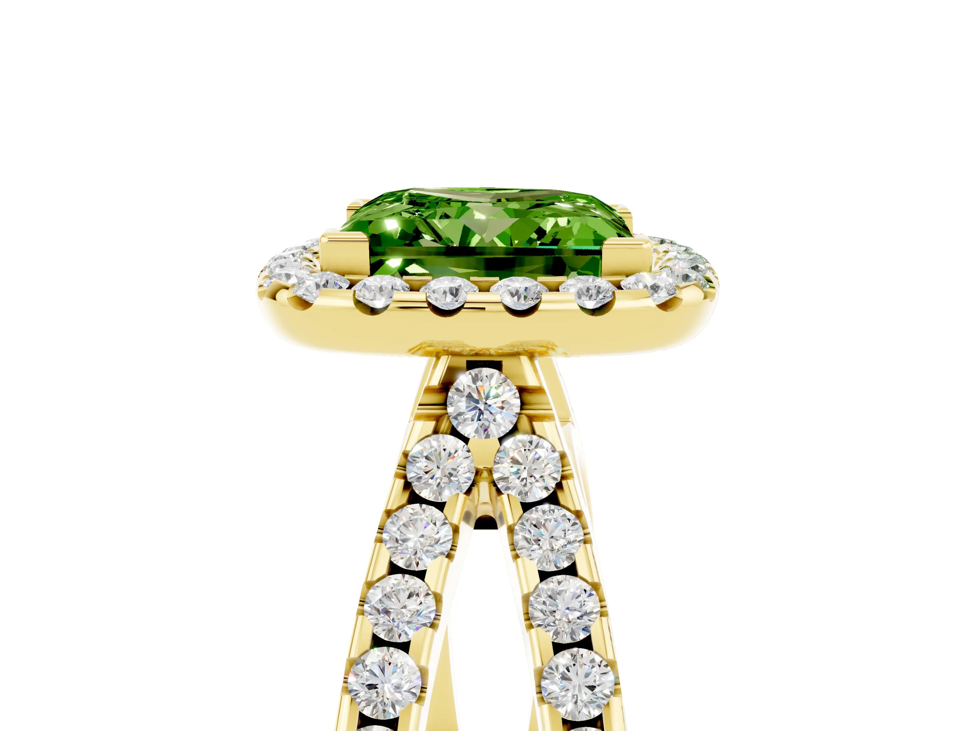 Yellow gold Princess Cut Peridot Halo Ring with Split Shank Pavé Band and Prong Setting_5