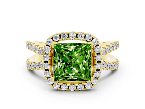 Yellow gold Princess Cut Peridot Halo Ring with Split Shank Pavé Band and Prong Setting