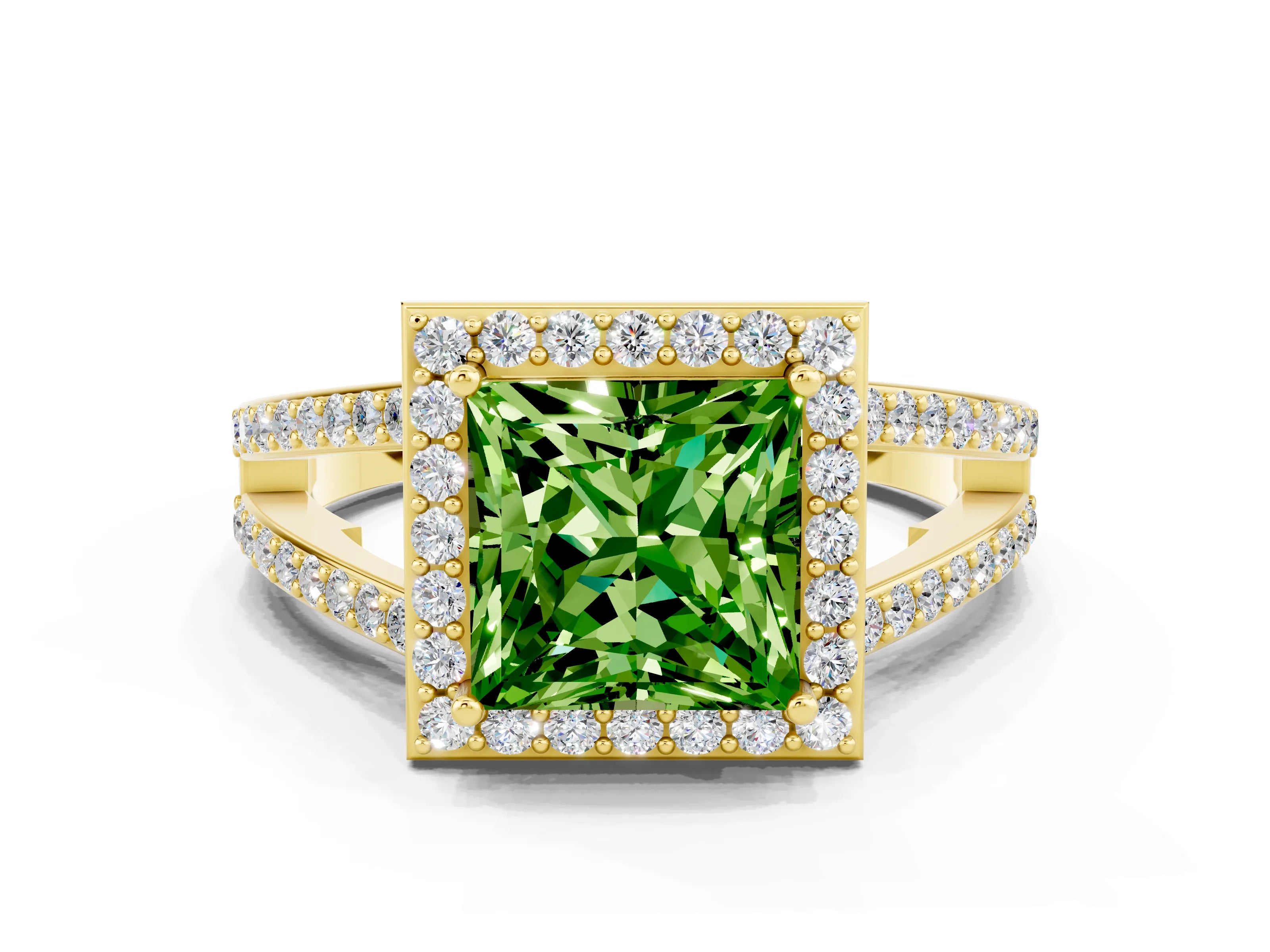 Yellow gold Princess Cut Peridot Halo Ring with Split Shank U-Prong Band and Four-Prong Setting