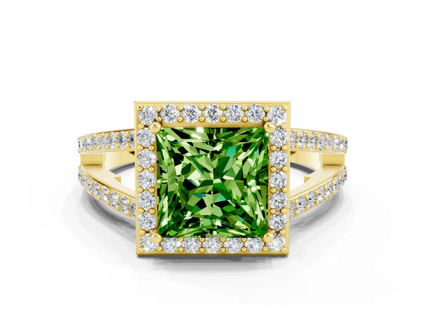 Yellow gold Princess Cut Peridot Halo Ring with Split Shank U-Prong Band and Four-Prong Setting