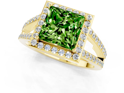Yellow gold Princess Cut Peridot Halo Ring with Split Shank U-Prong Band and Four-Prong Setting_1