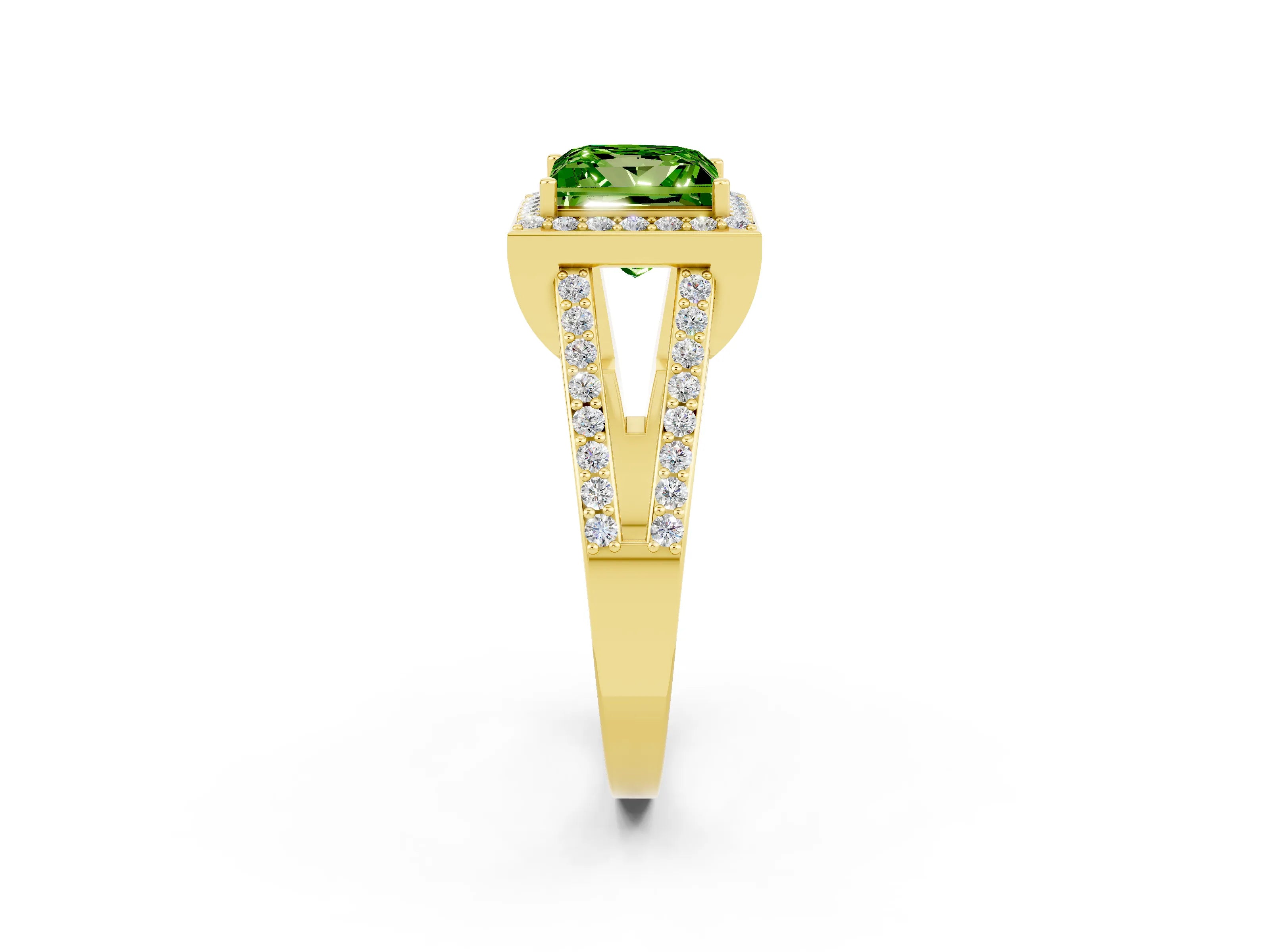 Yellow gold Princess Cut Peridot Halo Ring with Split Shank U-Prong Band and Four-Prong Setting_2