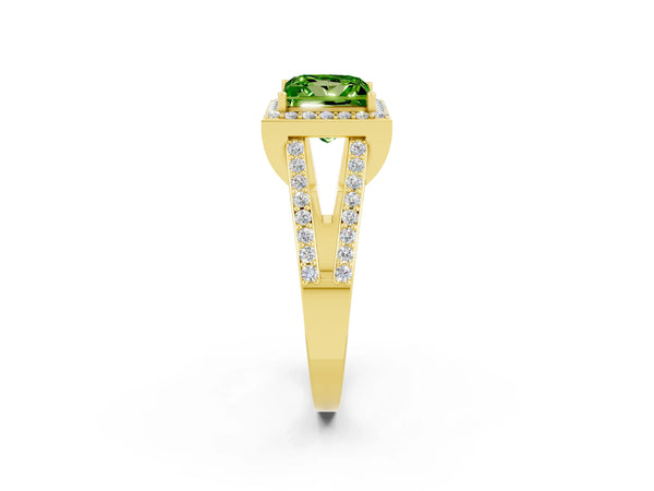 Yellow gold Princess Cut Peridot Halo Ring with Split Shank U-Prong Band and Four-Prong Setting