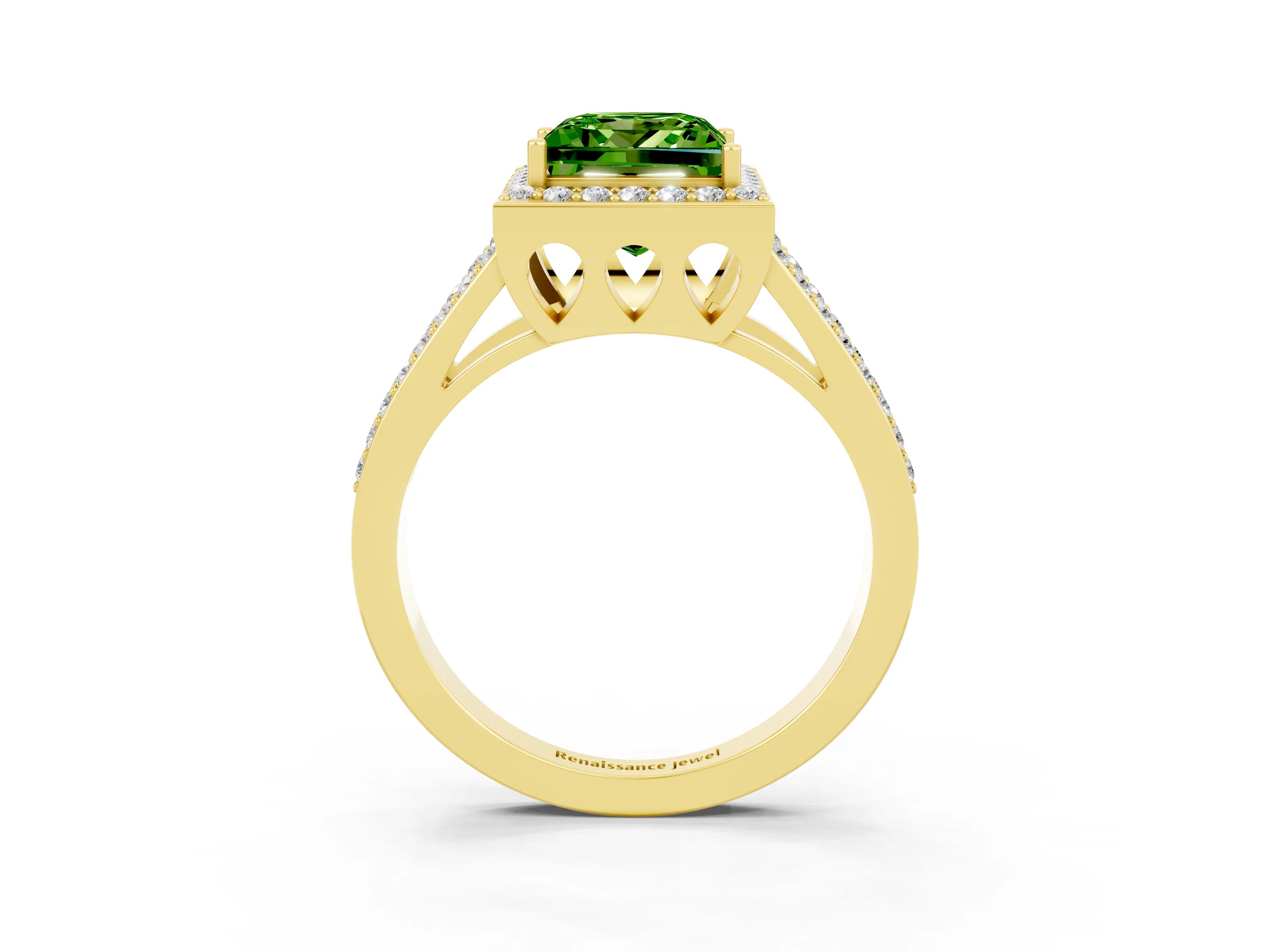 Yellow gold Princess Cut Peridot Halo Ring with Split Shank U-Prong Band and Four-Prong Setting_3