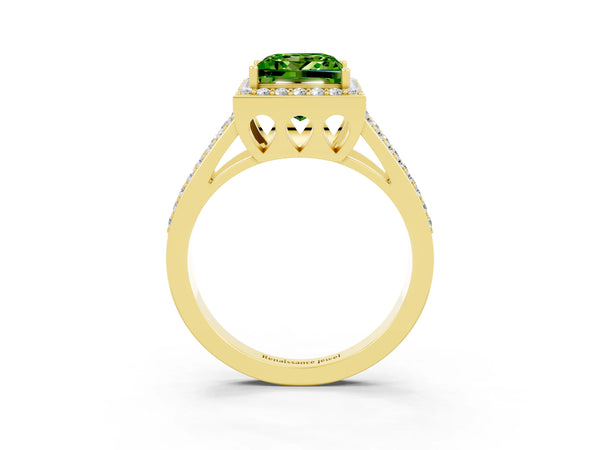 Yellow gold Princess Cut Peridot Halo Ring with Split Shank U-Prong Band and Four-Prong Setting