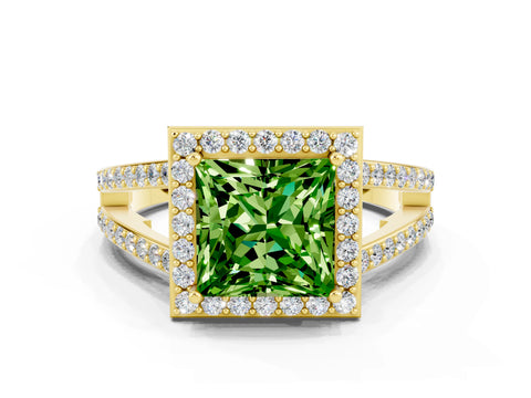 Yellow gold Princess Cut Peridot Halo Ring with Split Shank U-Prong Band and Four-Prong Setting