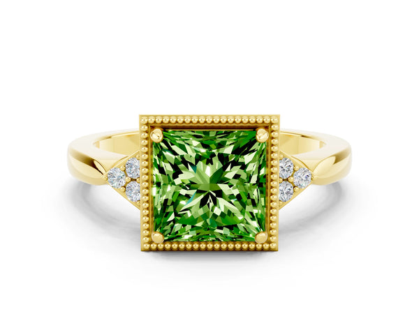 Yellow gold Princess Cut Peridot Halo Ring with Tapered Band and Four-Prong Setting