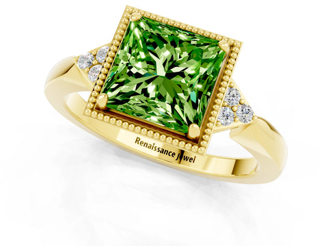 Yellow gold Princess Cut Peridot Halo Ring with Tapered Band and Four-Prong Setting_1