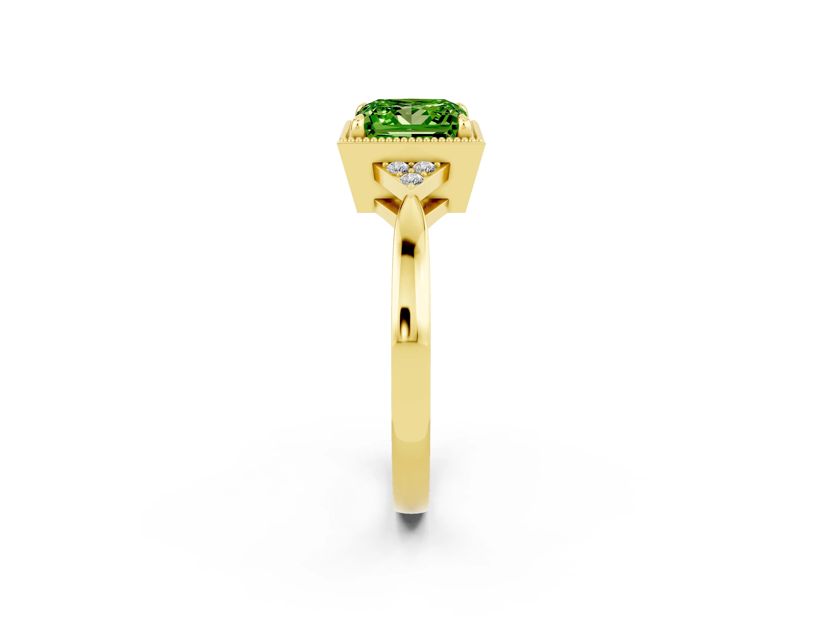Yellow gold Princess Cut Peridot Halo Ring with Tapered Band and Four-Prong Setting_2