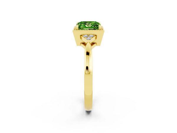 Yellow gold Princess Cut Peridot Halo Ring with Tapered Band and Four-Prong Setting