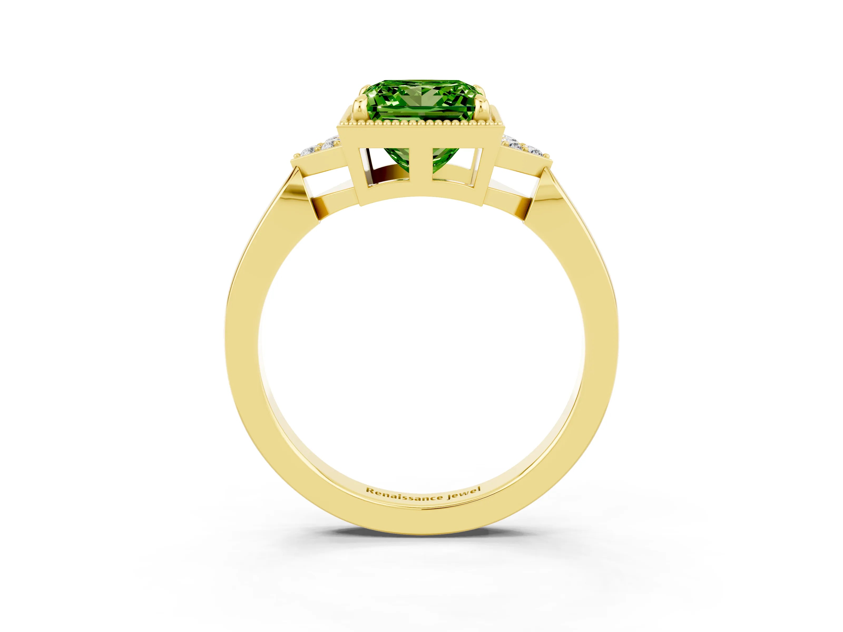 Yellow gold Princess Cut Peridot Halo Ring with Tapered Band and Four-Prong Setting_3
