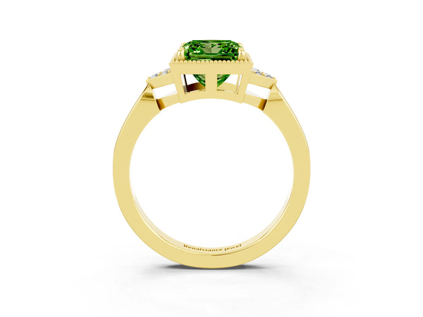 Yellow gold Princess Cut Peridot Halo Ring with Tapered Band and Four-Prong Setting