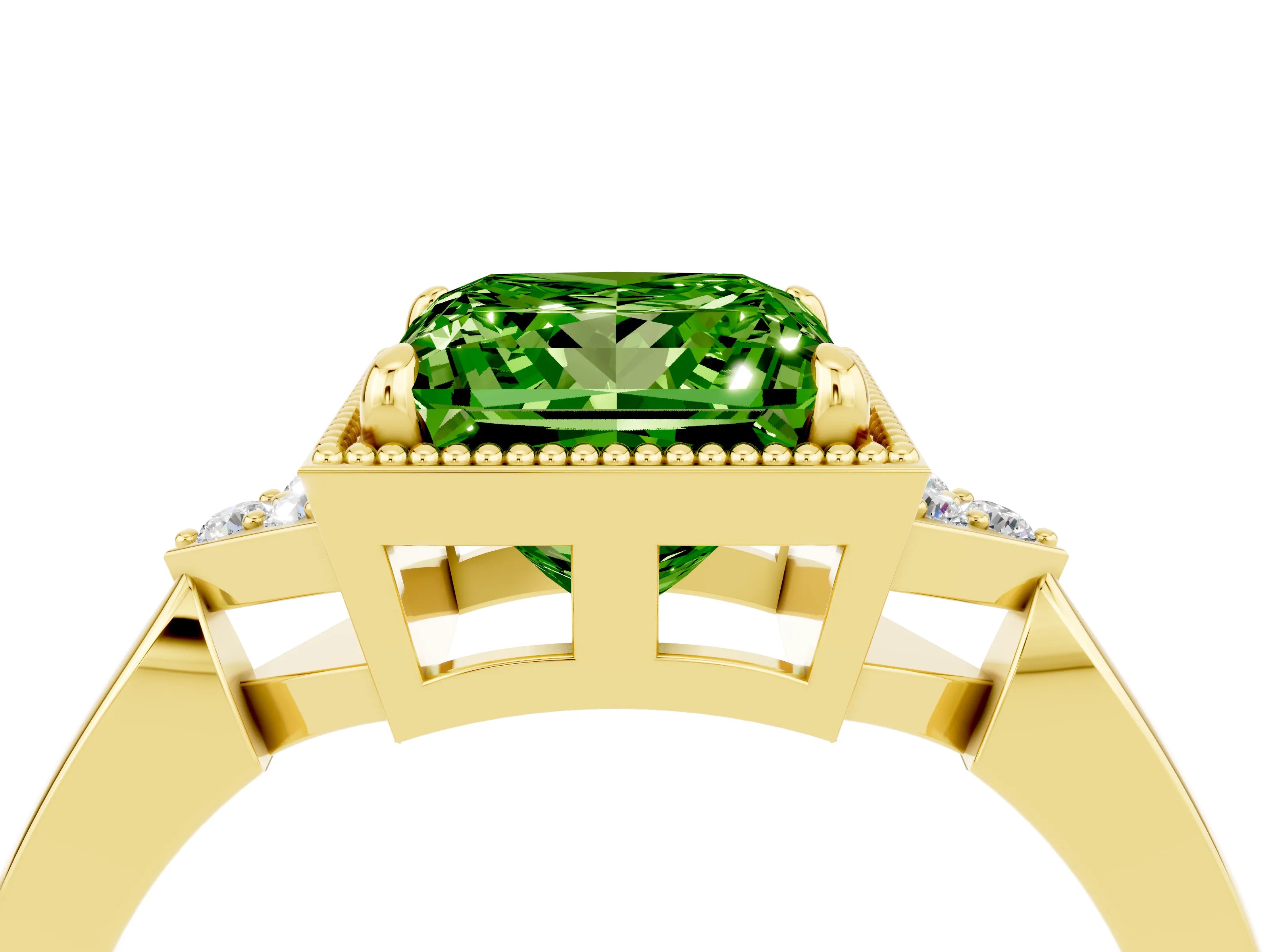 Yellow gold Princess Cut Peridot Halo Ring with Tapered Band and Four-Prong Setting_4