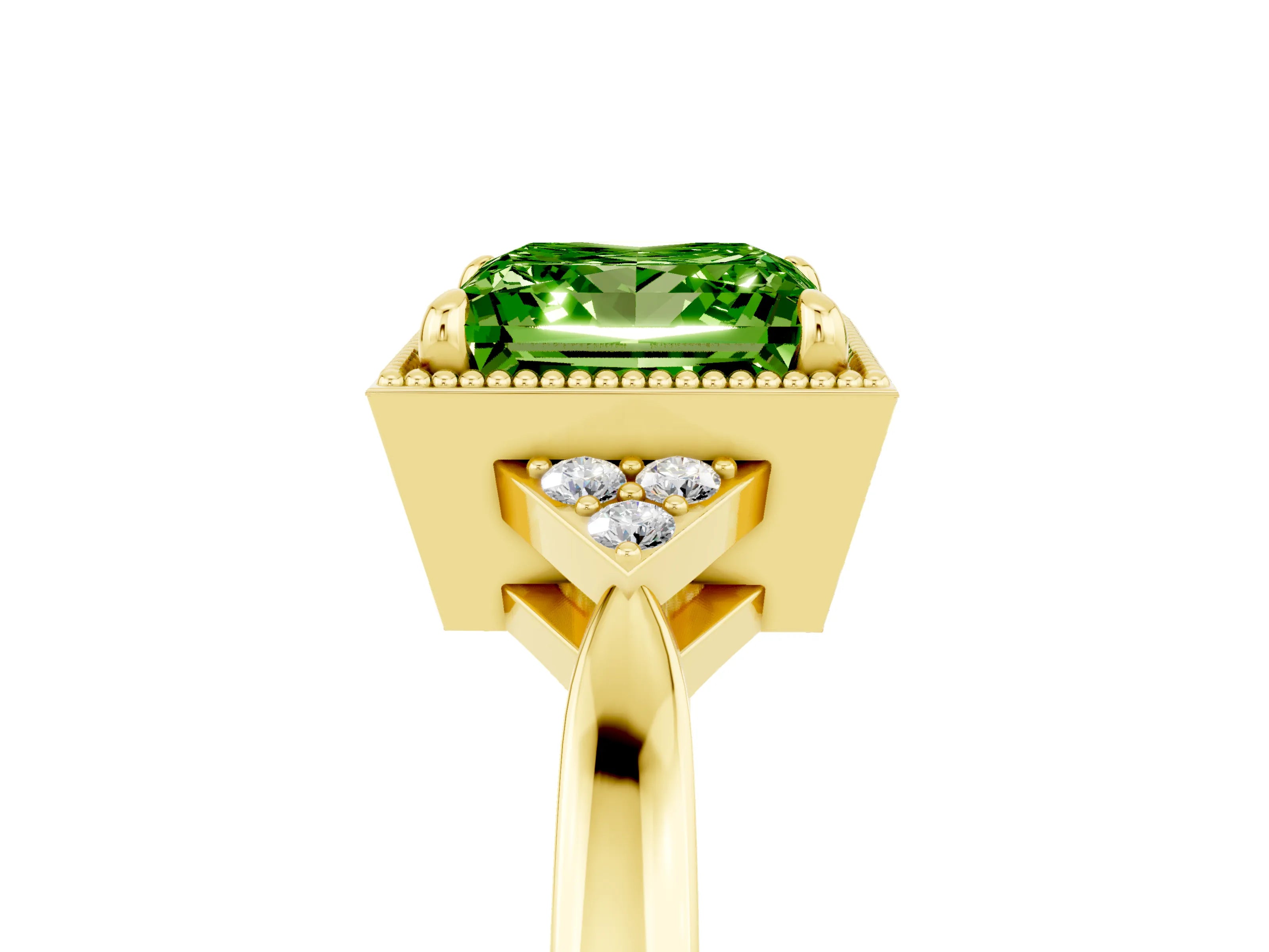 Yellow gold Princess Cut Peridot Halo Ring with Tapered Band and Four-Prong Setting_5
