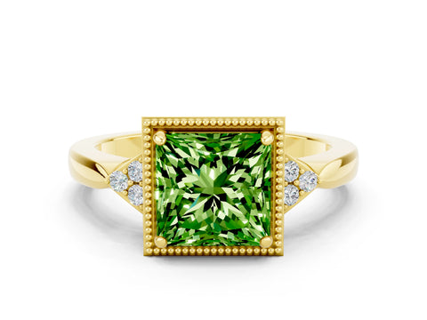 Yellow gold Princess Cut Peridot Halo Ring with Tapered Band and Four-Prong Setting