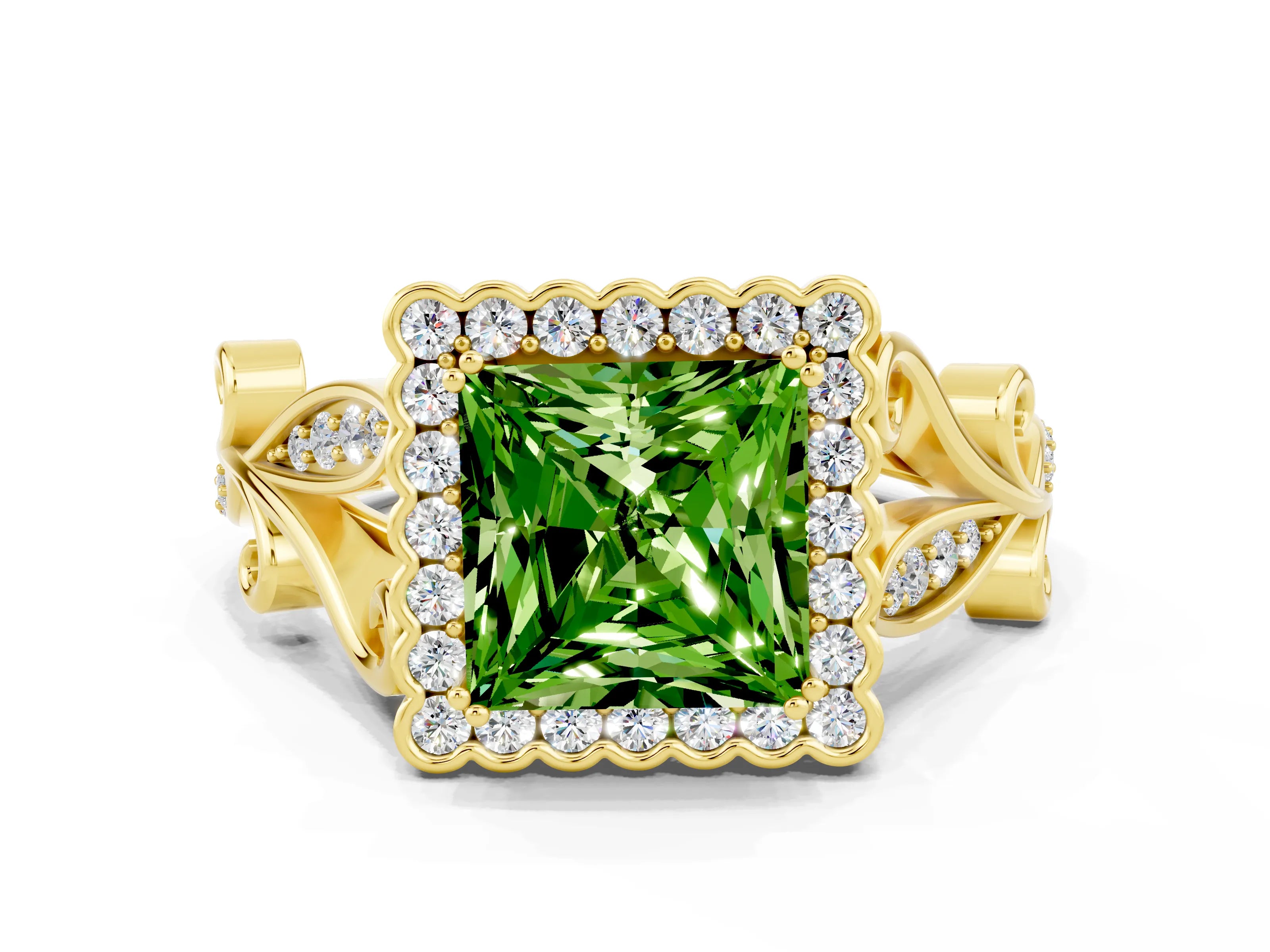 Yellow gold Princess Cut Peridot Halo Ring with Vintage Split Shank and Four-Prong Setting