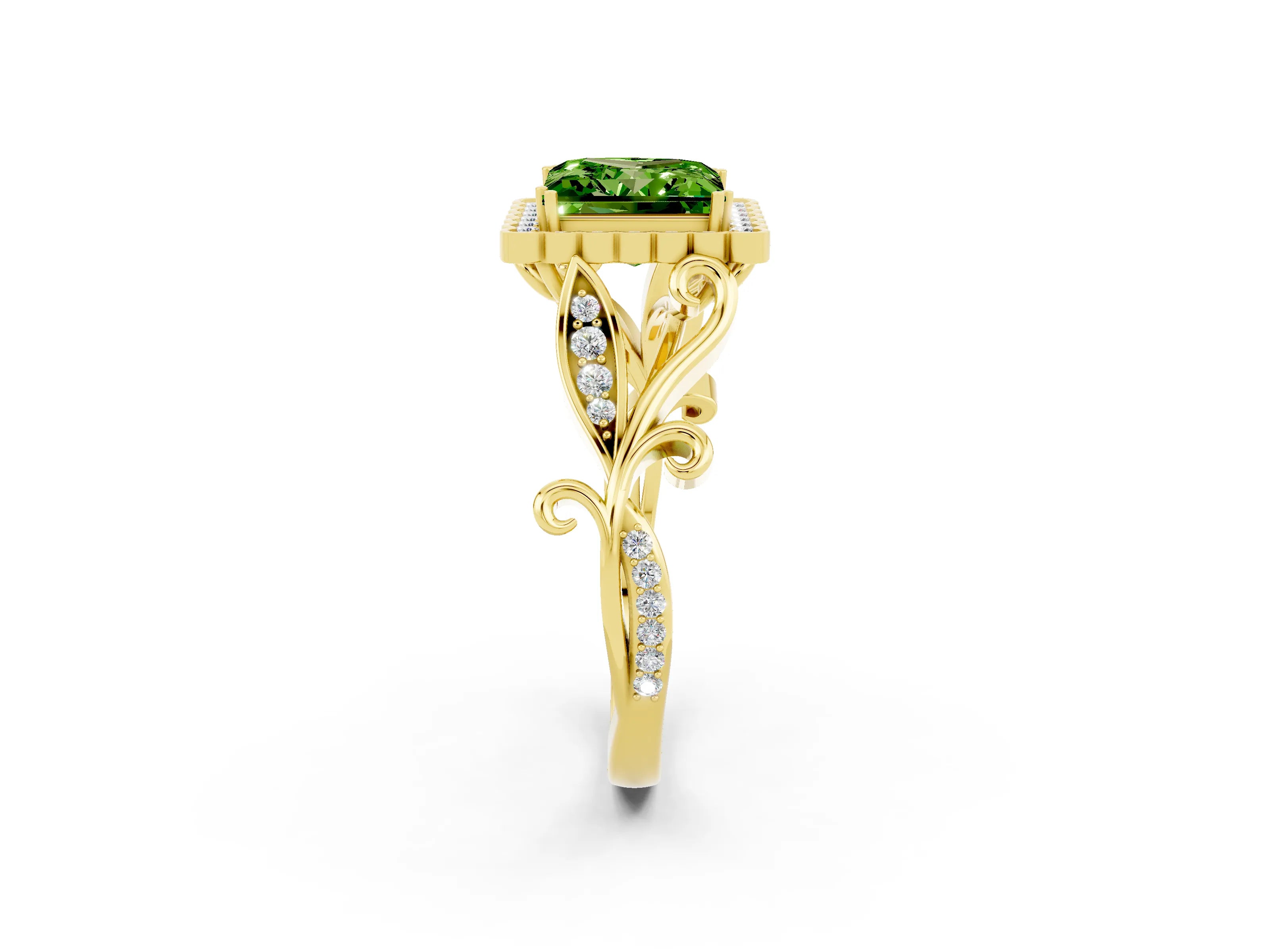 Yellow gold Princess Cut Peridot Halo Ring with Vintage Split Shank and Four-Prong Setting_2