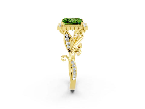 Yellow gold Princess Cut Peridot Halo Ring with Vintage Split Shank and Four-Prong Setting_2