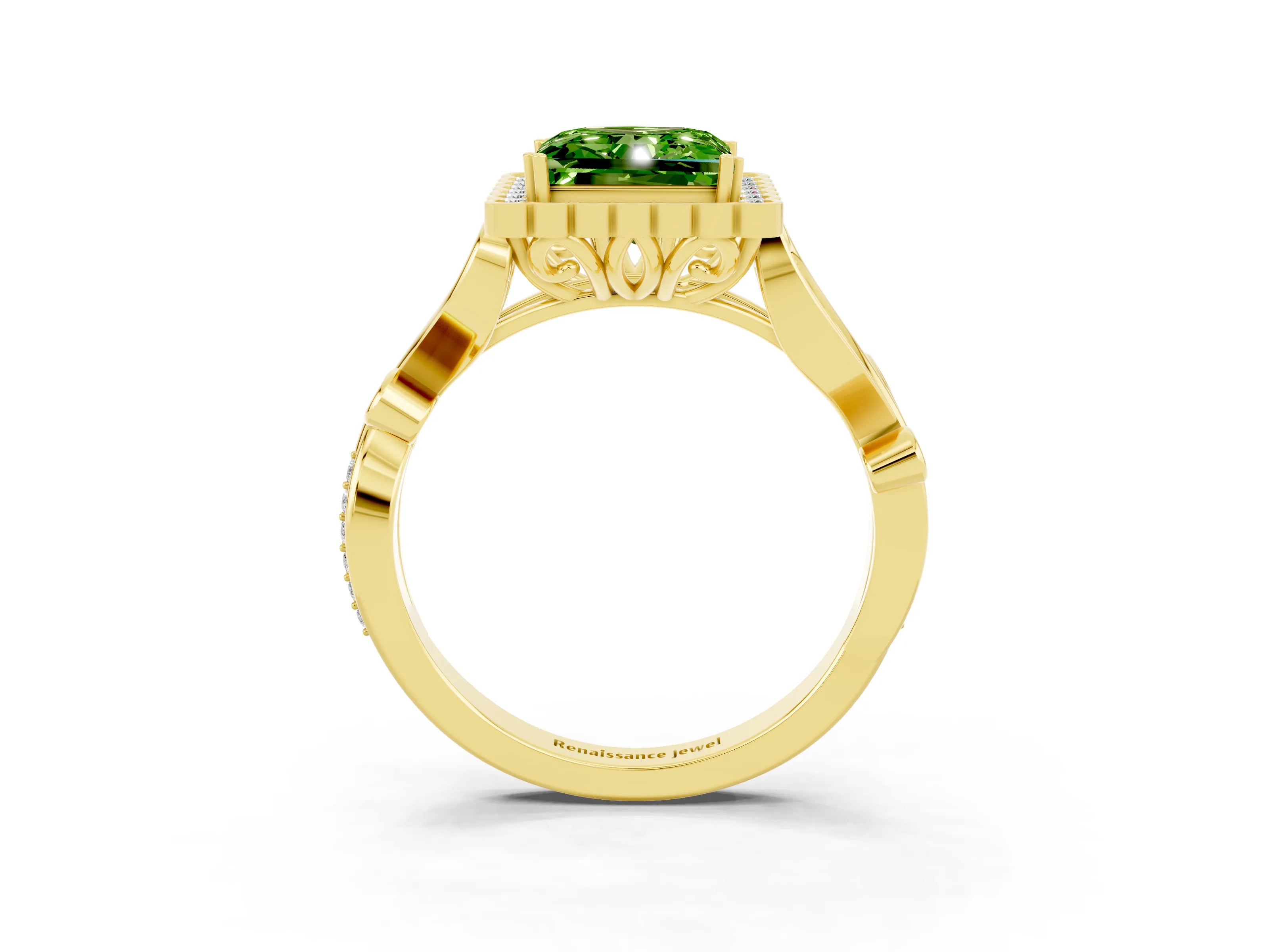 Yellow gold Princess Cut Peridot Halo Ring with Vintage Split Shank and Four-Prong Setting_3