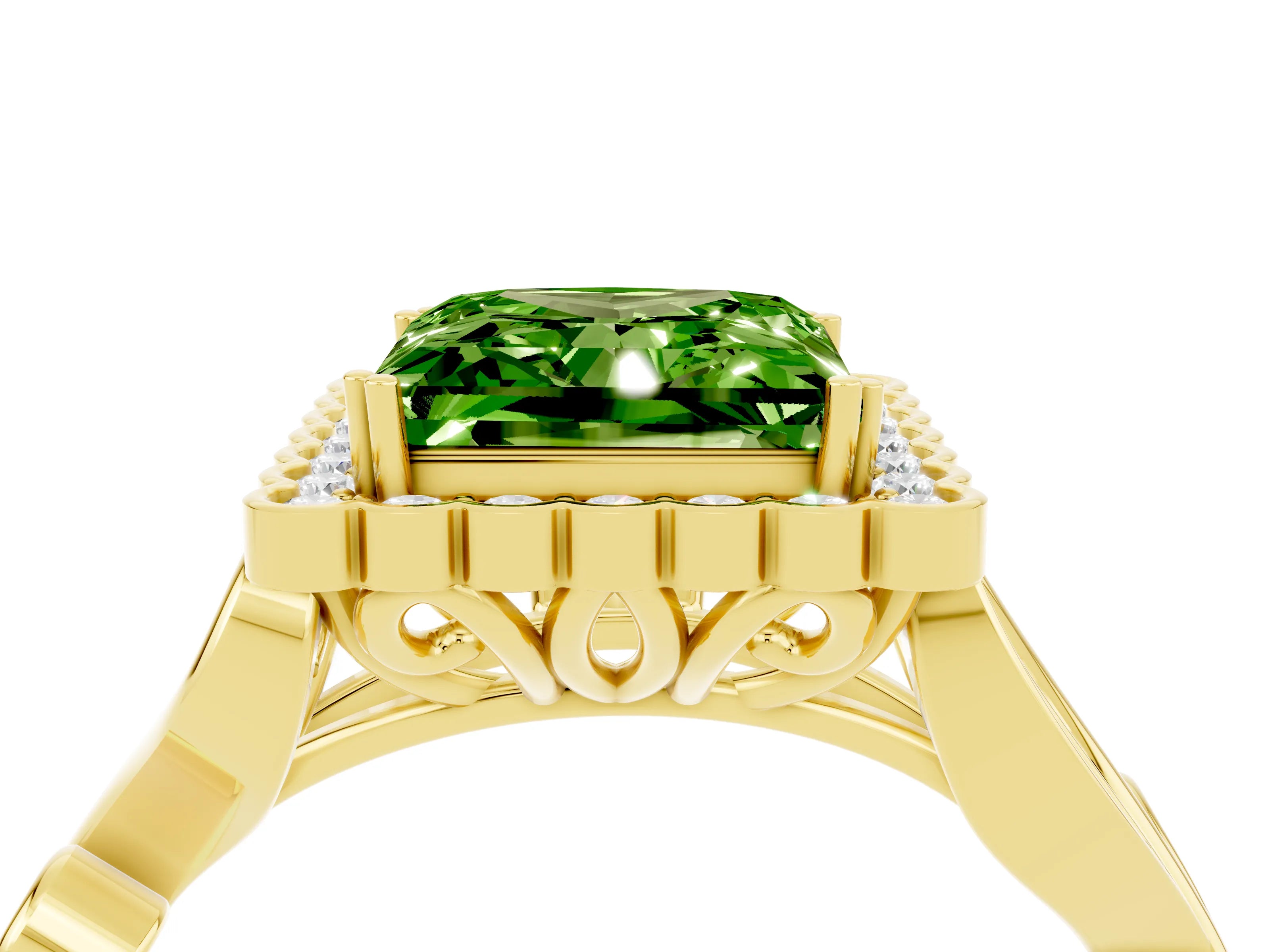 Yellow gold Princess Cut Peridot Halo Ring with Vintage Split Shank and Four-Prong Setting_4
