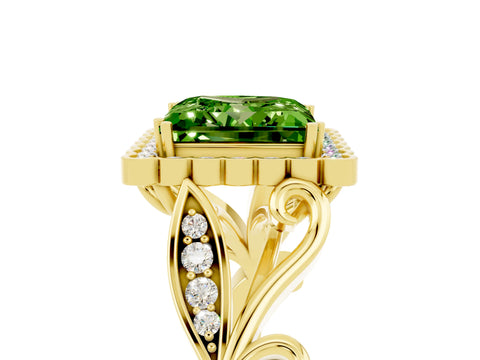 Yellow gold Princess Cut Peridot Halo Ring with Vintage Split Shank and Four-Prong Setting_5