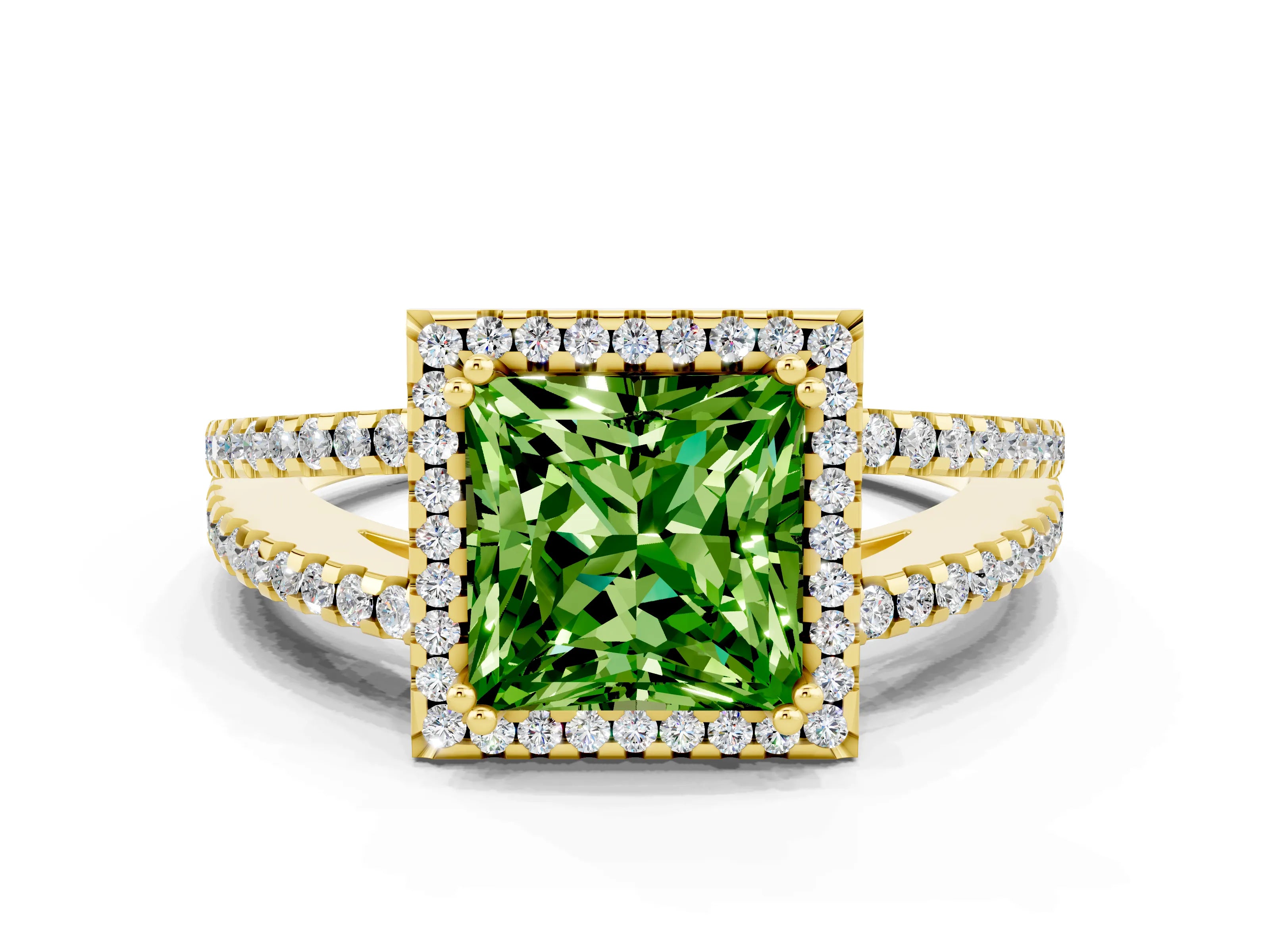 Yellow gold Princess Cut Peridot Halo Split Shank Engagement Ring_12