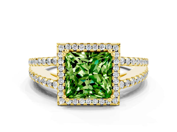Yellow gold Princess Cut Peridot Halo Split Shank Engagement Ring