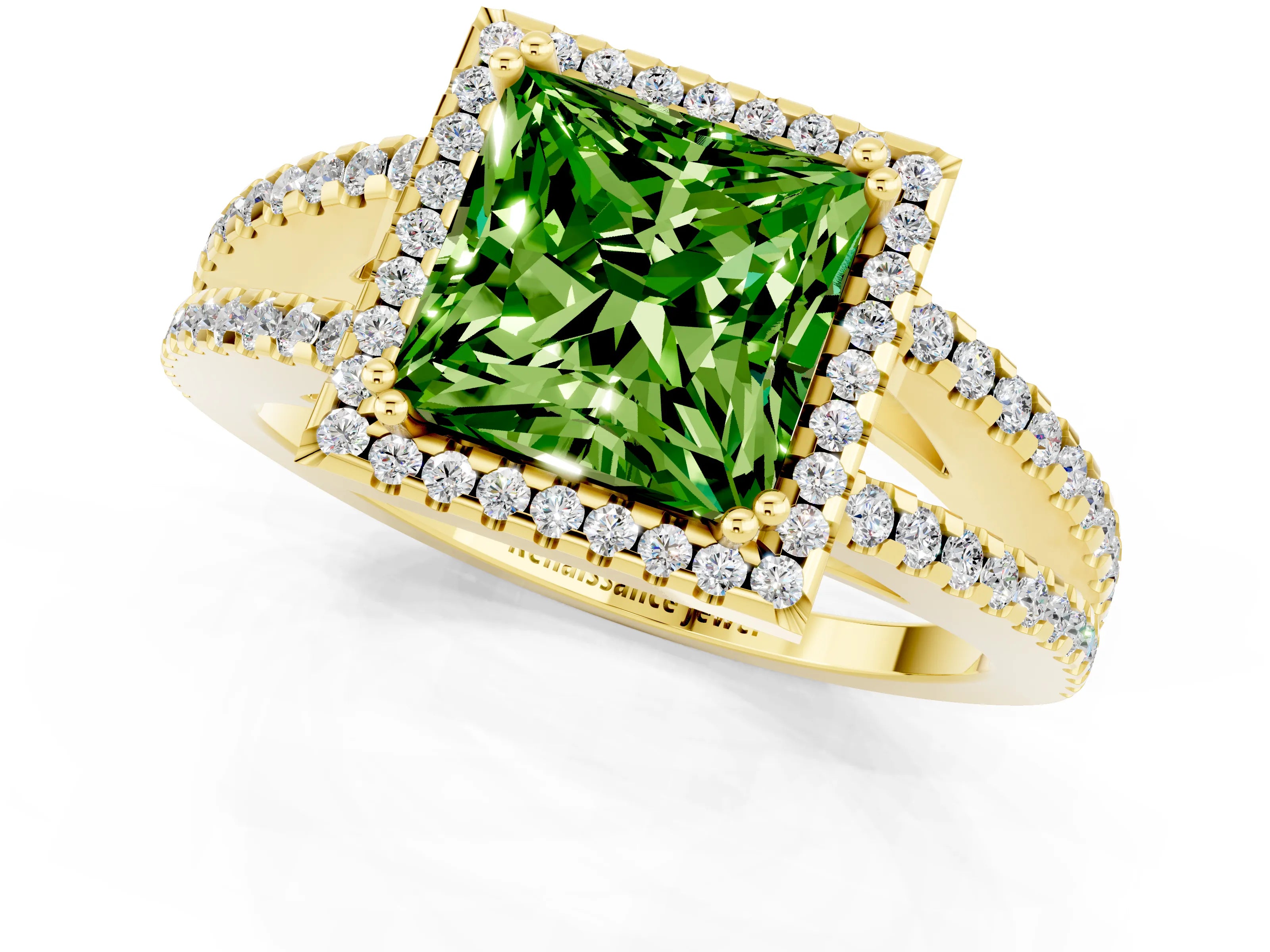 Yellow gold Princess Cut Peridot Halo Split Shank Engagement Ring_13