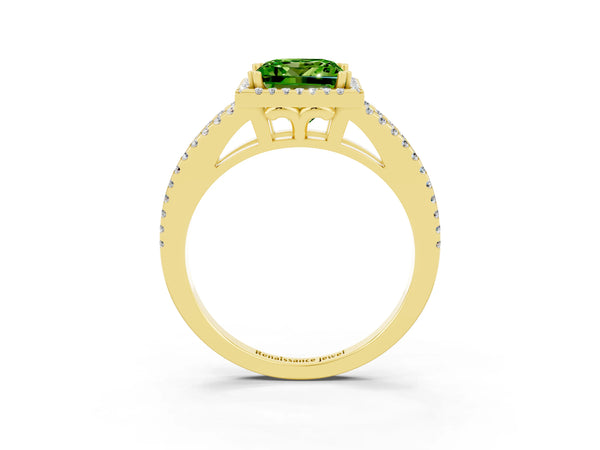 Yellow gold Princess Cut Peridot Halo Split Shank Engagement Ring