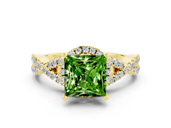 Yellow gold Princess Cut Peridot  Halo Twist Band Solitaire Prong Setting Ring