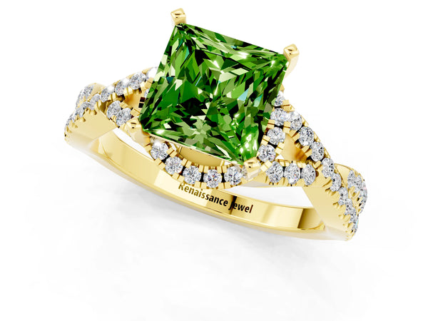 Yellow gold Princess Cut Peridot  Halo Twist Band Solitaire Prong Setting Ring