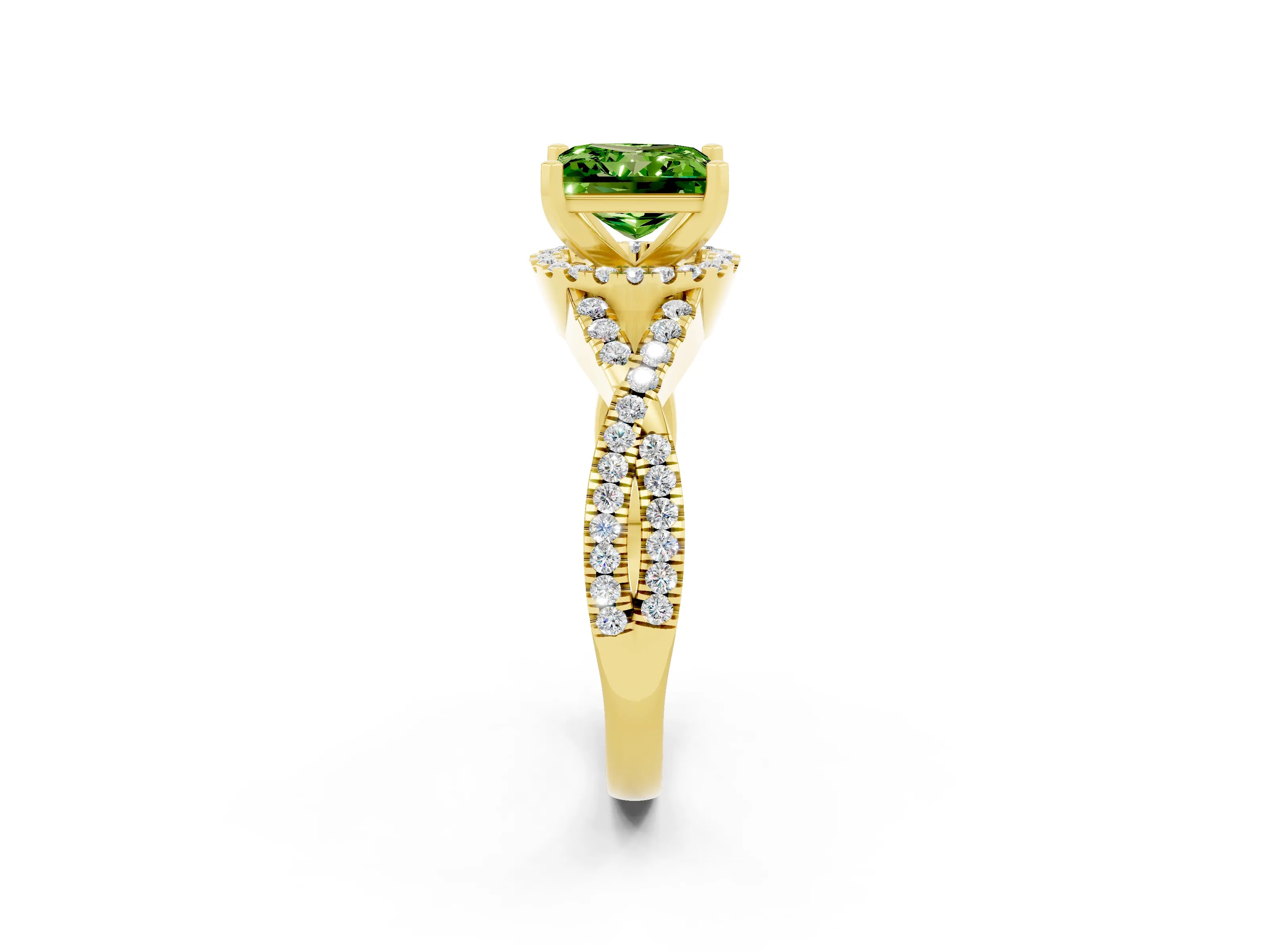 Yellow gold Princess Cut Peridot Halo Twist Band Solitaire Prong Setting Ring_2