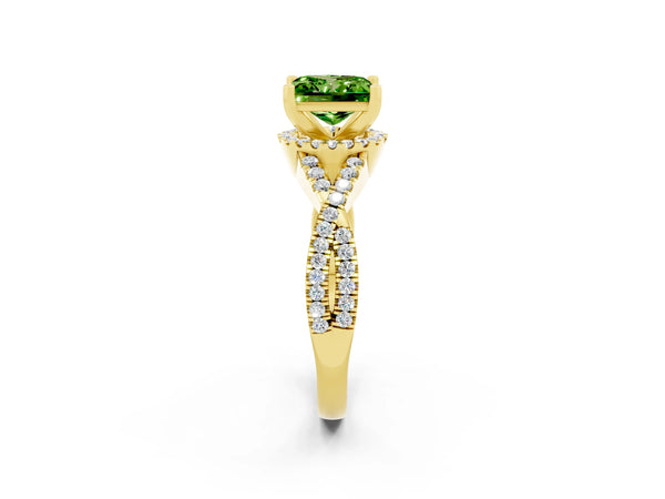 Yellow gold Princess Cut Peridot  Halo Twist Band Solitaire Prong Setting Ring