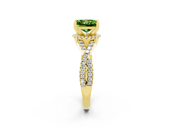 Yellow gold Princess Cut Peridot  Halo Twist Band Solitaire Prong Setting Ring