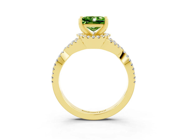 Yellow gold Princess Cut Peridot  Halo Twist Band Solitaire Prong Setting Ring