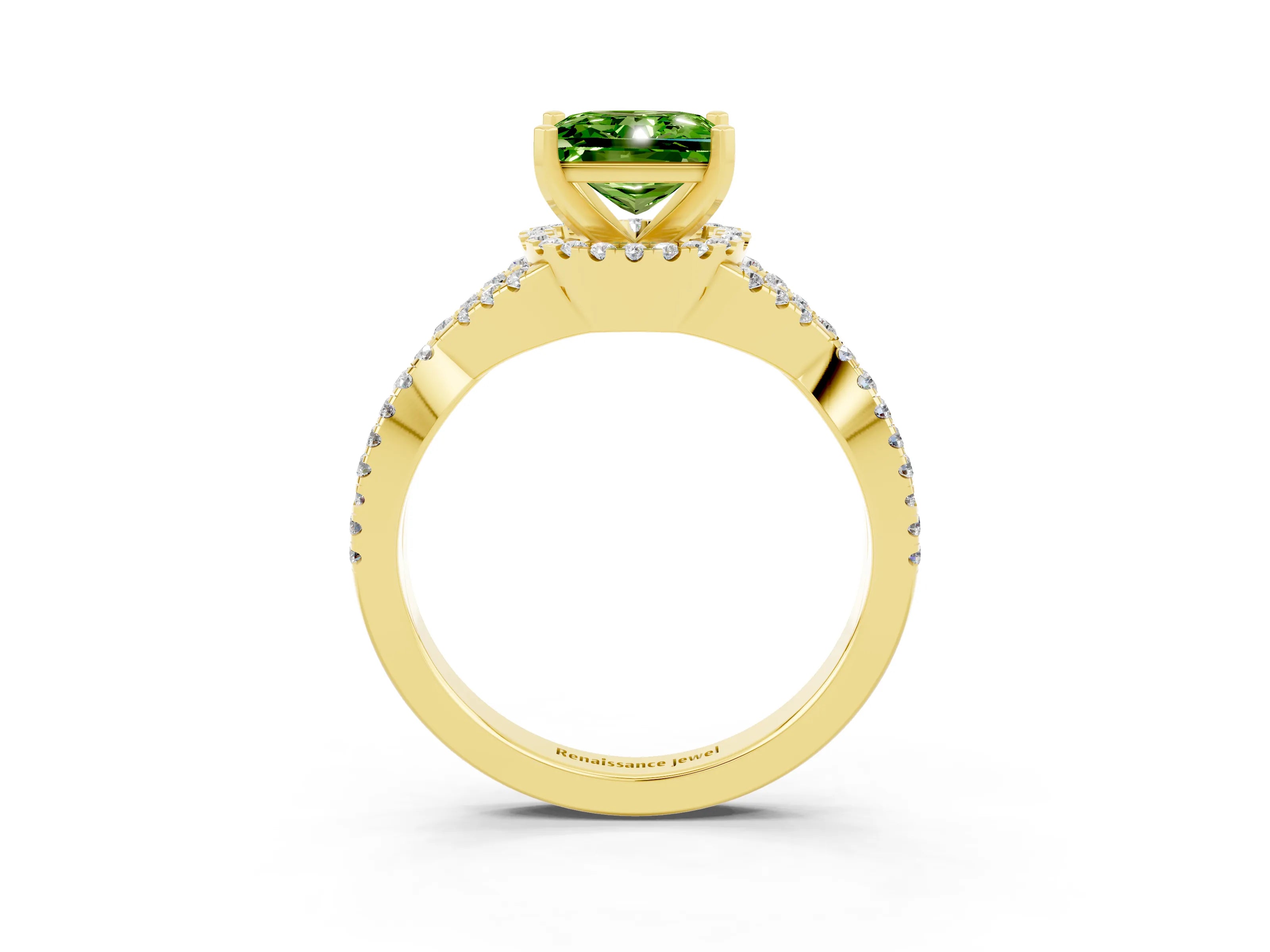 Yellow gold Princess Cut Peridot Halo Twist Band Solitaire Prong Setting Ring_3