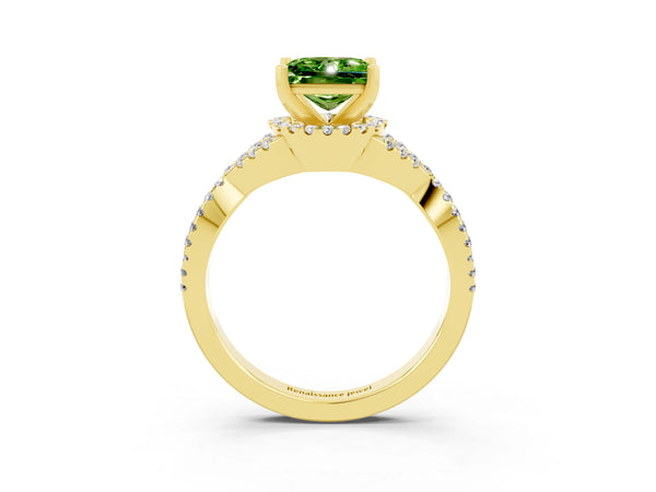 Yellow gold Princess Cut Peridot  Halo Twist Band Solitaire Prong Setting Ring