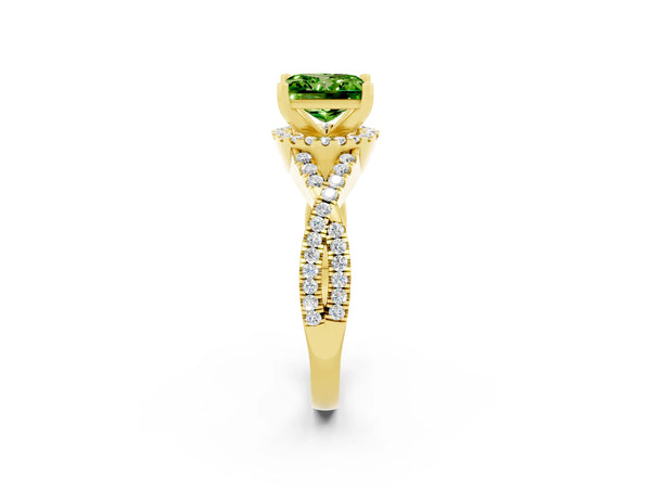Yellow gold Princess Cut Peridot  Halo Twist Band Solitaire Prong Setting Ring