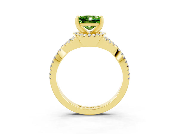 Yellow gold Princess Cut Peridot  Halo Twist Band Solitaire Prong Setting Ring