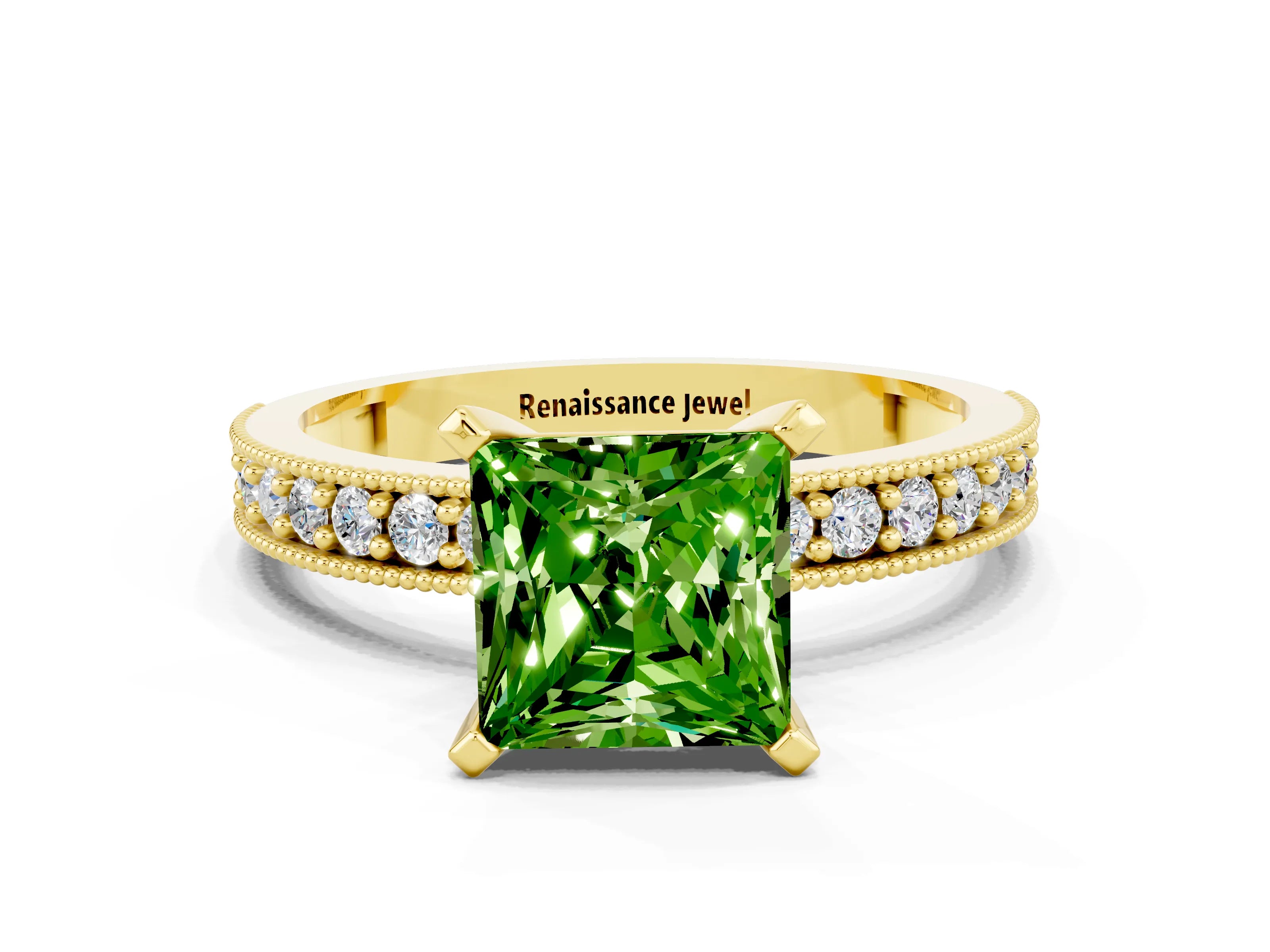 Yellow gold Princess Cut Peridot Milgrain Pavé Engagement Ring with Four-Prong Setting_12