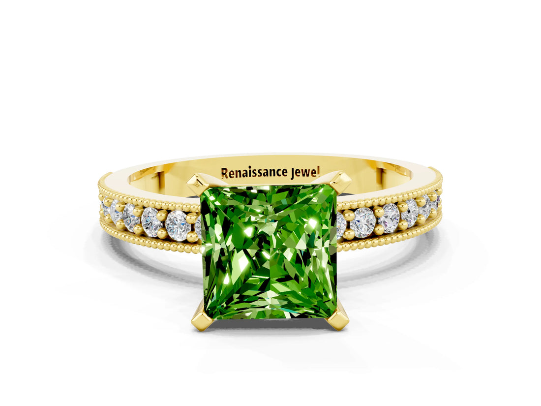 Yellow gold Princess Cut Peridot Milgrain Pavé Engagement Ring with Four-Prong Setting_12