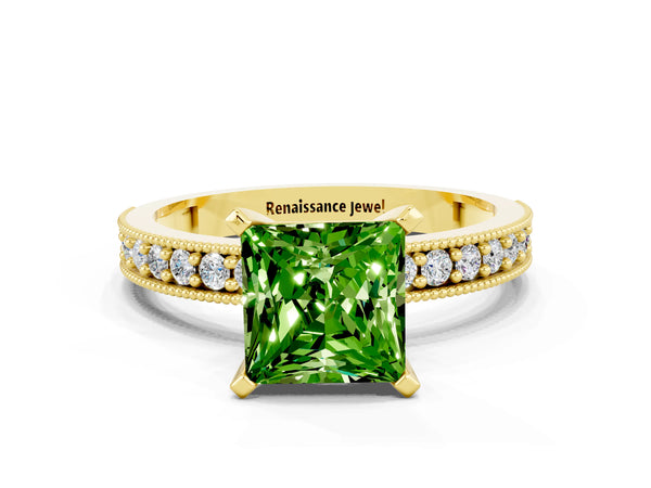 Yellow gold Princess Cut Peridot Milgrain Pavé Engagement Ring with Four-Prong Setting