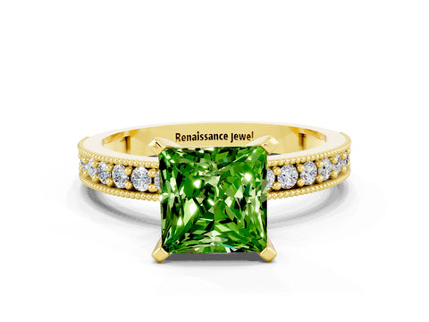 Yellow gold Princess Cut Peridot Milgrain Pavé Engagement Ring with Four-Prong Setting_12