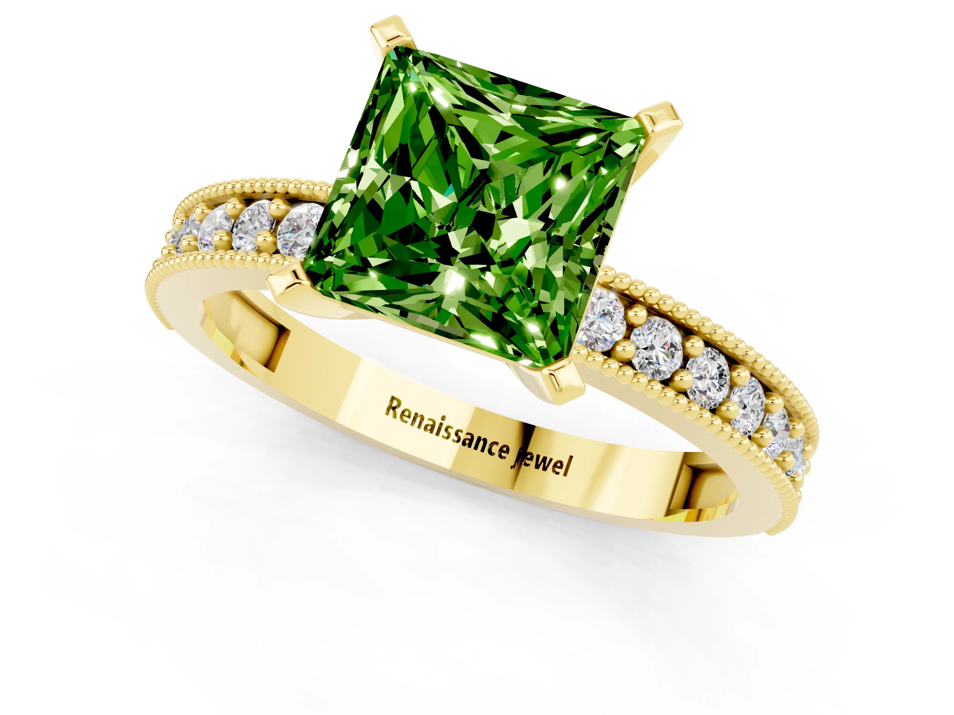 Yellow gold Princess Cut Peridot Milgrain Pavé Engagement Ring with Four-Prong Setting_13